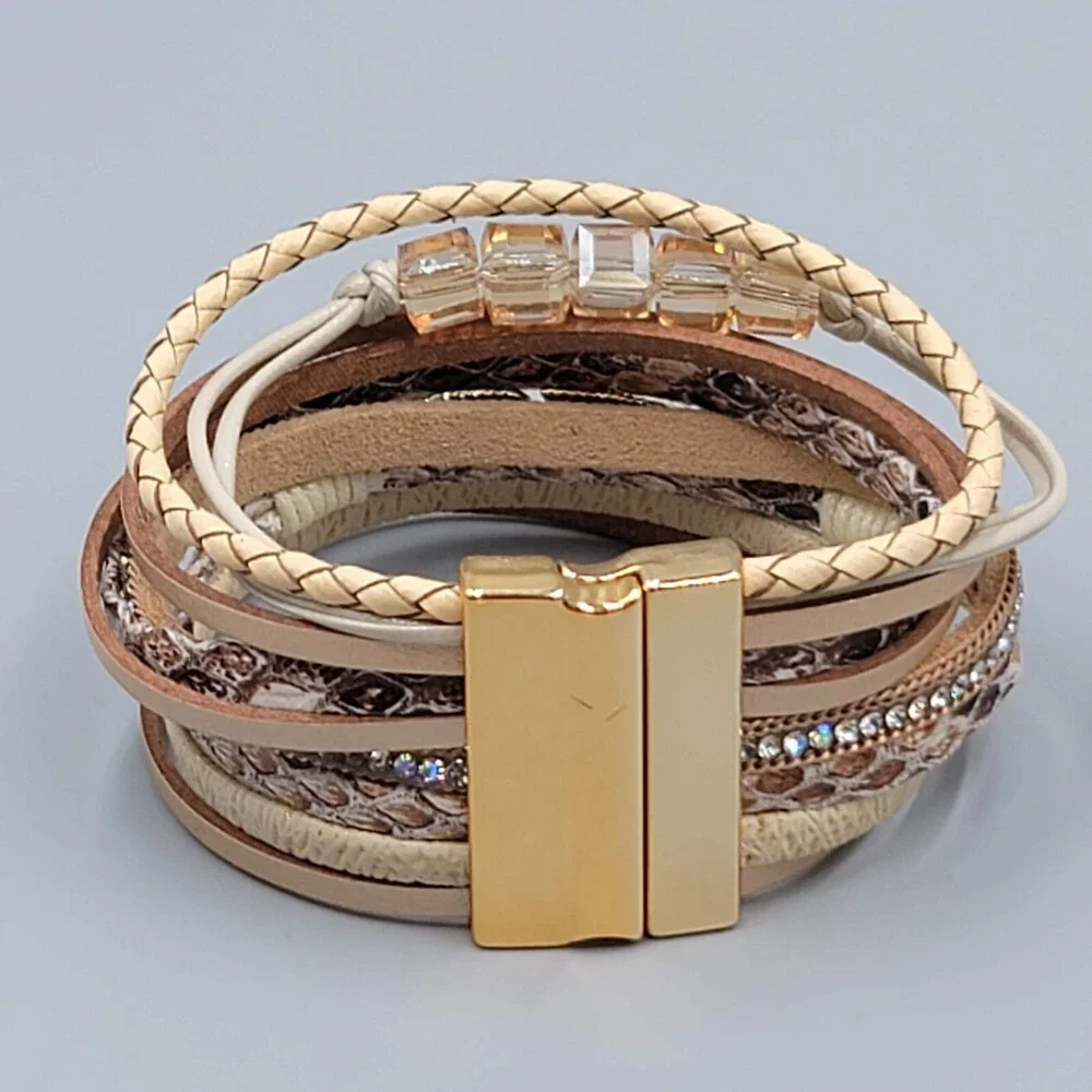 Wrap Bracelet Gold tone Tan Faux Leather Feather Charm Crystal Beads 6.5" - Picture 3 of 8